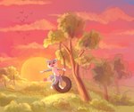 anthro blue_body blue_fur detailed_background dipstick_tail fluffy fur male markings pink_eyes pink_tail_tip riding solo sunset tail tail_markings alexumka umkashka canid canine canis domestic_cat domestic_dog felid feline felis fox mammal hi_res