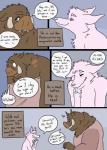 anthro blush brown_body brown_fur chest_tuft clothing dialogue fur green_eyes pink_body pink_eyes pink_fur shirt simple_background speech_bubble text topwear tuft tusks okadu canid canine fox mammal suid suina sus_(pig) wild_boar 2016 comic english_text hi_res