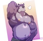 anthro armpit_hair barazoku belly bodily_fluids body_hair bottomwear clothed clothing hair happy_trail male musclegut muscular navel nipples pants solo sweat topless topless_male yoga_pants amarox amarox_(character) canid canine canis mammal wolf digital_drawing_(artwork) digital_media_(artwork) hi_res