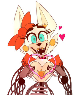 anthro big_ears blue_eyes bow_(feature) bow_ribbon claws eyebrows eyelashes female fur heart_symbol lips long_ears looking_at_viewer machine orange_body orange_fur orange_lips sharp_teeth shoulder_pads simple_background smile solo sun supmanuel2004 teeth thick_eyebrows three-quarter_view white_background white_body white_fur wire animator's_hell sunny_(animator's_hell) animatronic canid canine fox mammal robot 2020 4:5 absurd_res hi_res