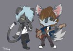 anthro black_bottomwear black_clothing black_eyes black_nose black_pants blue_clothing blue_hair blue_jacket blue_topwear bottomwear brown_hair chibi clothing duo fur grey_background grey_body grey_ears grey_fur grey_tail guitar hair holding_guitar holding_musical_instrument holding_object jacket kemono male musical_instrument pants pink_inner_ear plucked_string_instrument simple_background string_instrument tail topwear yellow_sclera temitess naruto sanrio show_by_rock!! darui_(naruto) kintaurus_(show_by_rock!!) canid canine canis felid mammal pantherine wolf 2017 artist_name crossover full-length_portrait portrait shaded