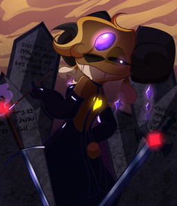 4_fingers anthro back_markings biped black_clothing black_dress black_horn black_nose cigarette cigarette_holder clothing dress ear_piercing fangs female fingers forehead_gem fur gem glowing glowing_gem glowing_markings hair hair_over_eye hand_on_hip holding_object horn looking_at_viewer looking_back looking_back_at_viewer markings melee_weapon narrowed_eyes notched_ear piercing pupils short_tail small_tail smile smirk smoke solo sword tail teeth text tombstone weapon white_pupils yellow_body yellow_fur yellow_markings ryuko_rose disney lilo_and_stitch fan_character witch_(ryuko_rose) alien experiment_(lilo_and_stitch) 2025 absurd_res constructed_language digital_drawing_(artwork) digital_media_(artwork) english_description fictional_language hi_res tantalog_text