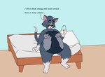 bedroom body_hair chest_hair dialogue holding_object male moobs overweight overweight_male solo text jerryfan1000 metro-goldwyn-mayer tom_and_jerry thomas_cat domestic_cat felid feline felis mammal english_text hi_res