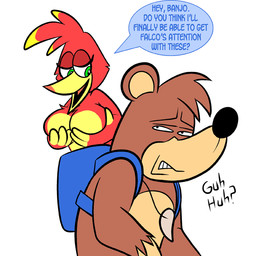 anthro anthrofied backpack beak black_nose breast_fondling breast_play breasts brown_body brown_fur dialogue duo eye_contact feathers female fondling fur green_eyes hand_on_breast humor jewelry looking_at_another male necklace non-mammal_breasts open_mouth red_body red_feathers simple_background speech_bubble teeth text uncomfortable white_background pembroke pembrokewkorgi banjo-kazooie rareware soul_eater_cringe banjo_(banjo-kazooie) kazooie avian bear breegull mammal 1:1 2019 english_text half-length_portrait meme portrait