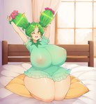 breasts clothing female green_hair hair horn humanoidized nipples not_furry one_eye_closed translucent translucent_clothing wide_hips qweeks nintendo pokemon generation_5_pokemon humanoid mammal maractus pokemon_(species) hi_res