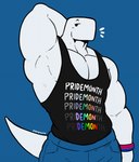 accessory anthro bisexual_pride_colors black_clothing blush blush_lines bottomwear clothing lgbt_pride looking_at_viewer male multicolored_accessory multicolored_clothing multicolored_shirt multicolored_tank_top multicolored_text multicolored_topwear multicolored_wristband muscular muscular_anthro muscular_male pride_color_accessory pride_color_clothing pride_color_shirt pride_color_tank_top pride_color_text pride_color_topwear pride_color_wristband pride_colors rainbow_pride_colors raised_arm shirt six-stripe_rainbow_pride_colors solo tank_top text topwear wristband dynogreeno lgbt_pride_month pri(demon)th largo_(dynogreeno) dinosaur prehistoric_species reptile scalie hi_res