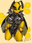 anthro big_breasts black_sclera breasts camel_toe cleavage clothed clothing compound_eyes exoskeleton female green_eyes grey_body grey_exoskeleton hybrid_eyes multicolored_body multicolored_exoskeleton non-mammal_breasts solo two_tone_body two_tone_exoskeleton yellow_body yellow_exoskeleton ionic44 zhengfox swat vektra_hektorian arthropod hymenopteran insect omega_wasp wasp 2014 hi_res