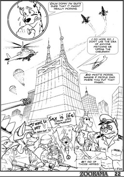 aircraft alternative_fashion anthro armor bodily_fluids building caught_in_the_act cigar city cityscape clothing commentary dialogue eyewear female flying_sweatdrops gesture glasses group hand_gesture hat headgear headwear helicopter helmet hippie humor jewelry male male/female military necklace oblivious parachute peace_symbol pince-nez pointing sign smiley_face studio sunglasses sweat sweatdrop text vehicle extro nexus zoorama_comics tina_(nexus) canid canine cheetah felid feline mammal 2005 black_and_white comic english_text monochrome multiple_scenes