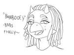 ankylosaurian ankylosaurid ankylosaurus anthro baba_booey babs_(snoot_game) cavemanon_studios cheek_spikes dialogue dinosaur dreadlocks english_text facial_spikes female horn jaw_spikes looking_at_viewer markings mole_(marking) monochrome narrowed_eyes open_mouth open_smile ornithischian prometheuzone reptile scalie smile snoot_game snout solo spikes spikes_(anatomy) text thyreophoran tongue