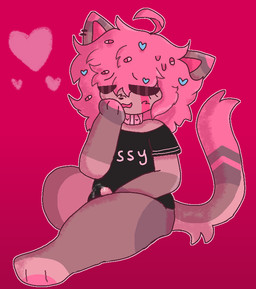 anthro black_clothing black_shirt black_topwear blue_accessory brown_body brown_fur clothing collar drugs ear_piercing ejaculation female fur hair heart_background heart_symbol male masturbation piercing pills pink_background pink_body pink_fur pink_hair shirt simple_background solo tan_body tan_fur topwear crywicked sugarpill_(crywicked) domestic_cat felid feline felis mammal female_(lore) trans_(lore) trans_woman_(lore)