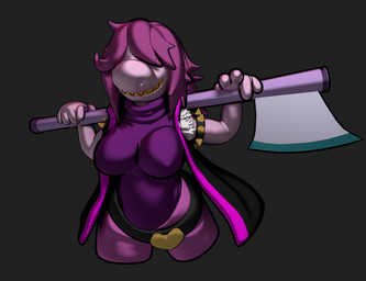axe big_breasts breasts clothing female holding_object holding_weapon non-mammal_breasts solo weapon zhenash deltarune undertale_(series) susie_(deltarune) reptile scalie 3d_(artwork) absurd_res digital_media_(artwork) hi_res