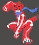 anthro balls claws erection genitals male penis red_body scarf sharp_teeth solo teeth yellow_eyes dragonartw_(artist) bandai_namco digimon digimon_ghost_game betelgammamon digimon_(species) scalie hi_res