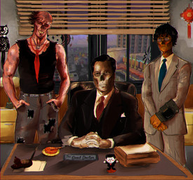 accessory alternative_fashion analog_clock ashtray belt black_clothing black_hair black_suit blinds blue_necktie bobblehead bottomwear business_suit chair chinese_knot chinese_knotting cigarillo cjk_character clasped_hands clock clothed clothing denim denim_bottomwear denim_clothing desk detailed_background eyewear fully_clothed furniture glasses grin grinning_at_viewer group hair hand_in_pocket hands_in_both_pockets inside jeans looking_at_viewer male missing_nose nameplate necktie necrosis new_vegas not_furry office office_chair padlock_necklace pants paperweight partially_bald pinstripe_suit pip-boy pocket_square pockets punk red_necktie sharp_teeth shirt smile smiling_at_viewer standing studded_belt studs suit table tan_clothing tan_suit tan_suit_jacket tank_top teeth text topwear trio wall_clock wearing_glasses window nuclearconsole fallout kit-cat_klock microsoft silvio_rivera_(nuclearconsole) the_good_doctor_(nuclearconsole) wu-yi_(nuclearconsole) ghoul_(fallout) humanoid english_description english_text