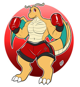 anthro big_muscles boxing_gloves boxing_shorts clothed clothing featureless_chest handwear logo_on_clothing male male_anthro muscular muscular_anthro muscular_male red_eyes solo topless topless_anthro topless_male the_k9_empire vulpinecrew nintendo pokemon dragonite generation_1_pokemon pokemon_(species) absurd_res hi_res watermark
