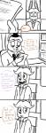 2016 alternate_species anthro bear bonnie_(fnaf) bow_(feature) bow_tie buckteeth chair clothed clothing comic desk dialogue duo english_text five_nights_at_freddy's freddy_(fnaf) furniture furrification hat headgear headwear hi_res holding_object inkyfrog lagomorph leporid male mammal paper partially_colored rabbit scottgames sitting speech_bubble table teeth text top_hat