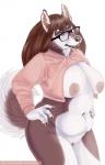 anthro areola belly big_breasts blue_eyes bottomless breasts brown_body brown_fur brown_hair casual_exposure clothed clothing curvy_figure deep_navel eyewear female fur genitals glasses hair hand_on_hip happy hoodie navel nipples nude open_mouth overweight overweight_anthro overweight_female pussy simple_background slightly_chubby solo sweater thick_thighs topwear twitter_hoodie voluptuous white_background white_body white_fur kanou meme_clothing kano canid canine canis domestic_dog husky mammal nordic_sled_dog spitz digital_media_(artwork) hi_res meme shaded