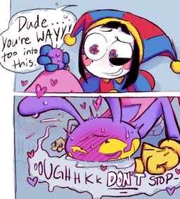 4_fingers anthro arched_back begging_not_to_stop blush bodily_fluids drooling duo erogenous_tail female fingers fist heart_symbol looking_pleasured male nervous nervous_smile overstimulation overwhelmed saliva speech_bubble sweat sweatdrop tail tail_fetish tail_play tears tears_of_pleasure text unusual_erogenous_zone blueespresso69 glitch_productions the_amazing_digital_circus jax_(tadc) pomni_(tadc) humanoid lagomorph leporid mammal rabbit comic english_text hi_res