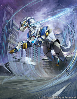 ambiguous_gender armor blue_eyes feral melee_weapon object_in_mouth quadruped solo sword sword_in_mouth tank_(vehicle) vehicle weapon weapon_in_mouth unknown_artist bushiroad cardfight!!_vanguard barcgal canid canine mammal 2026 official_art