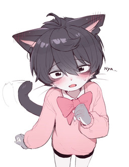 anthro blush bodily_fluids bottomwear bow_ribbon clothed clothed_anthro clothed_male clothing crossdressing crossdressing_male cute_fangs ellipsis fangs fur hair kemono looking_at_viewer male male_anthro nya open_mouth pink_clothing shorts simple_background solo spandex spandex_shorts sweat sweatdrop sweater tail tail_motion tailwag teeth tight_bottomwear tight_clothing tight_shorts tongue topwear white_background young young_anthro young_male acorn_furry domestic_cat felid feline felis mammal 2026 digital_media_(artwork) hi_res portrait three-quarter_portrait