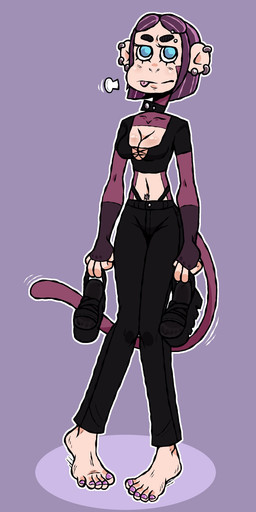 5_fingers 5_toes alternative_fashion anthro armwear big_breasts blep blue_eyes bob_cut breasts cleavage clothed clothing collar colored_nails crop_top ear_piercing ear_ring elbow_gloves eyebrow_piercing facial_piercing feet female fingerless_gloves fingers footprint_in_shoe footwear fur gloves goth hair handwear holding_clothing holding_footwear holding_object holding_shoes humanoid_feet knock-kneed midriff nails navel navel_piercing outline piercing plantigrade platform_footwear platform_sandals purple_background purple_body purple_fur purple_hair purple_nails ring_piercing sandals shirt shoes simple_background solo thong thong_straps toes tongue tongue_out topwear underwear freakwithatag magdalene_(redustheriotact) haplorhine mammal monkey primate 2026 hi_res