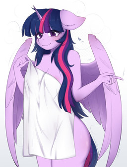 anthro areola areola_slip breasts cleavage clothed clothing female gesture hand_gesture heart_symbol horn looking_at_viewer pointing simple_background solo steam towel wings ggashhhissh friendship_is_magic hasbro my_little_pony mythology twilight_sparkle_(mlp) equid equine mammal mythological_creature mythological_equine winged_unicorn hi_res