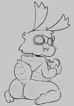 2_toes antennae_(anatomy) anthro anus arthropod_abdomen big_butt blush body_blush bottomless butt butt_blush cheek_tuft chewing clothed clothing crumbs_on_face eating eyewear facial_tuft feet female food genitals glasses head_tuft hoodie hoodie_only motion_lines puffed_cheeks sandwich_(food) solo toes topwear topwear_only tuft vulva lewdydoodls lilith_midnight_(unsureumbra) arthropod insect lepidopteran moth monochrome