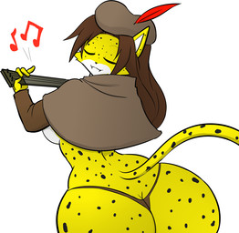anthro bard big_butt black_nose breasts butt clothed clothing curvy_figure female fur hair hat headgear headwear lute markings music musical_instrument open_mouth panties plucked_string_instrument simple_background smile solo spots spotted_body spotted_fur standing string_instrument thick_thighs thong underwear voluptuous white_background white_body white_fur wide_hips hayakain mackenzie_boyd_(lildredre) cheetah felid feline mammal 2018 digital_media_(artwork) traditional_media_(artwork)