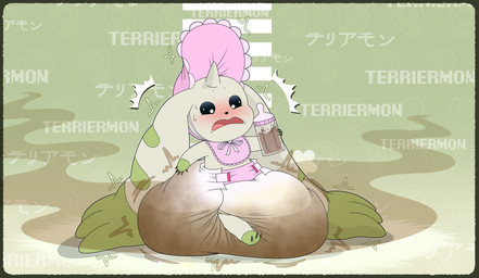 anthro baby_bottle bib big_diaper blush bodily_fluids clothed clothing diaper diaper_fetish diaper_only embarrassed feces fur genital_fluids green_body green_fur horn huge_diaper open_mouth pooping pooping_diaper soiled_diaper soiling soiling_diaper solo stink_fumes sweat sweatdrop tape text tongue topless unclean_diaper urine used_diaper using_diaper wearing_diaper wet_diaper wetting wetting_diaper white_diaper tenerius bandai_namco digimon digimon_(species) terriermon absurd_res english_text hi_res japanese_text
