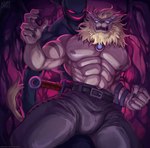 abs anthro blonde_hair blue_eyes claws clothed clothing duo finger_claws hair male mane muscular muscular_anthro muscular_male nipples pecs tail text topless nurinaki bandai_namco digimon devimon digimon_(species) leomon 2023 hi_res url