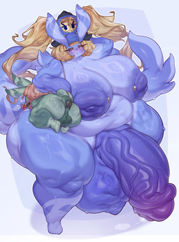 anthro anus areola balls barbell_piercing big_balls big_breasts big_penis blue_body blue_penis blush blush_lines breasts butt clothing duo eyelashes genitals gynomorph hair hat hat_only headgear headgear_only headwear headwear_only huge_balls huge_breasts huge_penis huge_thighs hyper hyper_balls hyper_breasts hyper_genitalia hyper_penis hyper_thighs intersex long_eyelashes looking_at_viewer mostly_nude nipple_dip nipple_piercing nipples obese overweight penis piercing tail thick_thighs vein young qvq1024 genshin_impact mihoyo melusine_(genshin_impact) 2026 absurd_res digital_media_(artwork) hi_res