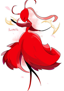 anthro biped eyes_closed female holding_object holding_weapon name_drop pose red_body solo standing text weapon ruri805 hollow_knight:_silksong hollow_knight_(franchise) team_cherry skarrsinger_karmelita ant arthropod hymenopteran insect skarr 2025 absurd_res english_text hi_res