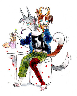 2_heads anthro beverage blue_eyes bottomwear claws clothed clothing container cup dessert duo ear_piercing ear_ring eating female food fruit fur grey_body grey_fur horn jacket kemono legwear multi_head multifur pants piercing plant ring_piercing shirt simple_background sitting solo strawberry tail tail_motion tailwag tongue tongue_out topwear white_background kyokyota canid canine canis domestic_dog hybrid mammal 2014 absurd_res hi_res painting_(artwork) traditional_media_(artwork) traditional_painting_(artwork) traditional_watercolor_(artwork) watercolor_(artwork)