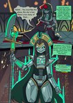 blood bodily_fluids bow_ribbon duo female green_eyes green_hair hair halberd headdress looking_at_viewer machine male melee_weapon not_furry polearm text weapon basedbinkie warhammer_(franchise) warhammer_40000 bahiti human humanoid mammal necron robot absurd_res english_text hi_res