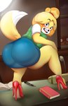 accessory anthro big_butt biped blonde_hair blush butt clothed clothing duo female flustered footwear fur hair headband high_heels office open_mouth shoes solo standing tail thick_thighs voyeur yellow_body yellow_fur purbleindigo animal_crossing nintendo isabelle_(animal_crossing) tom_nook_(animal_crossing) canid canine canis domestic_dog mammal raccoon_dog shih_tzu tanuki toy_dog 2025 absurd_res digital_media_(artwork) hi_res portrait