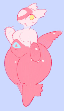 anthro belly big_belly blue_background breasts female huge_thighs multicolored_body navel pear-shaped_figure red_body simple_background solo thick_thighs white_body wide_hips wings yellow_eyes shgrcube nintendo pokemon generation_3_pokemon latias legendary_pokemon pokemon_(species) 2025 hi_res