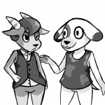 anthro big_head clothed clothing duo hand_on_hip male one_eye_closed simple_background toony white_background wink inkyfrog animal_crossing nintendo bones_(animal_crossing) kidd_(animal_crossing) bovid canid canine canis caprine domestic_dog goat mammal 1:1 2015 greyscale monochrome