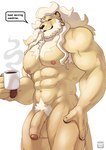 abs absurd_res anthro armpit_hair balls beverage body_hair coffee coffee_mug dialogue dislyte ear_piercing english_text felid foreskin genitals hair happy_trail hi_res javid_(dislyte) lilith_games lion lomlynx long_hair male mammal muscular muscular_anthro muscular_male nipples nude pantherine penis piercing pubes simple_background smile solo speech_bubble steam text white_background