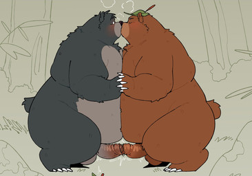 anthro balls belly big_belly blush brown_body duo erection eyes_closed genitals kemono kissing male moobs outside overweight overweight_male penis quanjiang disney robin_hood_(disney) the_jungle_book baloo little_john bear mammal 2026 hi_res
