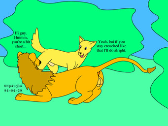 animal_genitalia ass_up balls dialogue duo feral fur genitals male male/male nude nude_male open_mouth orange_body orange_fur outside penis plant sheath size_difference smile tail text toony tree yellow_body yellow_fur urbanhermit canid canine felid lion mammal pantherine 1994 4:3 dated english_text