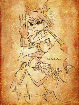 anthro black_eyes bottomwear clothed clothing dagger female gloves hair handwear long_hair looking_at_viewer melee_weapon ponytail skirt solo weapon skykain canid canine fox mammal 2009 hi_res sketch