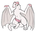 feral fur genitals horn knot male penis pink_horn pink_nose red_eyes solo tail white_body white_fur wings trout_(artist) european_mythology mythology geary dragon hybrid mammal mythological_creature mythological_scalie scalie western_dragon wyvern