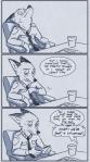 2016 4_fingers anthro canid canine chair cheek_tuft clothed clothing comic container cup dialogue disney english_text facial_tuft fingers fox fur furniture hi_res holding_object male mammal monochrome nick_wilde on_chair police police_uniform red_fox rockbottomfeeder simple_background sitting sitting_on_chair speech_bubble text true_fox tuft uniform zootopia
