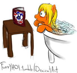 bath bathtub blush book bubble bubble_bath claw_foot_bathtub furniture male partially_submerged reading solo surprised table water wet furryaoi friendship_is_magic hasbro my_little_pony applejack_(mlp) earth_pony equid equine horse mammal pony