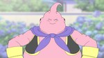 antennae_(anatomy) black_clothing black_topwear cape clothed clothing eyes_closed gloves handwear not_furry overweight overweight_humanoid pink_body smile solo topwear yellow_clothing yellow_gloves yellow_handwear yellow_topwear drunk_oak dragon_ball majin_buu humanoid majin 16:9 4k absurd_res hi_res widescreen