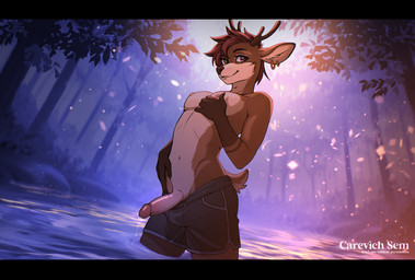 anthro antlers black_bars bottomwear bottomwear_down clothed clothing ear_piercing ear_ring ejaculation ejaculation_on_clothes erection femboy forest genitals glans horn humanoid_genitalia humanoid_penis lake male night nipple_piercing nipples outdoor_nudity outside partially_clothed penis piercing plant ring_piercing shorts shorts_down skinny_male solo tree water wet carevich_sem deer mammal absurd_res hi_res letterbox