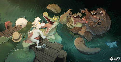 anal anal_penetration animal_genitalia animal_penis anthro balls belly big_belly canine_genitalia canine_penis clothing erection facial_piercing genitals group hat headgear headwear humanoid_genitalia humanoid_penis knot knotted_penis licking male male/male nose_piercing nose_ring overweight overweight_anthro overweight_male pawpads paws penetration penis piercing pond questionable_consent ring_piercing sharp_teeth sheath shirt skinny skinny_anthro skinny_male tail tail_grab teeth tongue tongue_in_mouth toony toony_expression topwear water catsnbriefs buckguard_(woofbad) pagil_(dogandwolffang) alligator alligatorid canid canine crocodilian mammal reptile scalie hi_res