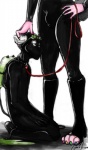 anthro boots bulge clothing collar dominant dominant_male duo eyewear femboy footwear goggles latex leash male shoes submissive submissive_male zentai xtaintedredx domestic_cat felid feline felis mammal