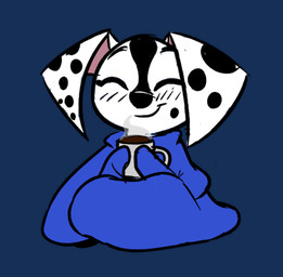 beverage black_nose black_spots blue_blanket blush blush_lines candy chocolate comfy container countershade_face countershading cup dessert drop_(marking) eyes_closed female feral floppy_ears food fur holding_container holding_cup holding_mug holding_object hot_chocolate mug pink_inner_ear solo spots white_body white_fur anonymous_artist 101_dalmatian_street 101_dalmatians disney dee_dee_(101_dalmatians) canid canine canis dalmatian domestic_dog mammal low_res