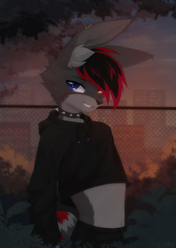 anthro belly black_bottomwear black_choker black_clothing black_crop_top black_hair black_jewelry black_necklace black_shirt black_shorts black_topwear bottomwear cheek_tuft choker city cityscape clothed clothing crop_hoodie crop_top detailed_background ear_piercing ear_tuft facial_tuft femboy feminine fence fluffy fluffy_tail fur gold_piercing grey_body grey_fur grey_tail hair happy heterochromia inner_ear_fluff jewelry male multicolored_body multicolored_fur multicolored_hair multicolored_tail necklace park piercing plant red_body red_fur red_hair red_tail shirt shorts shrub smile solo studs tail teeth topwear tree tuft twilight filoubee dan_(femboy_dan) lagomorph leporid mammal rabbit absurd_res hi_res