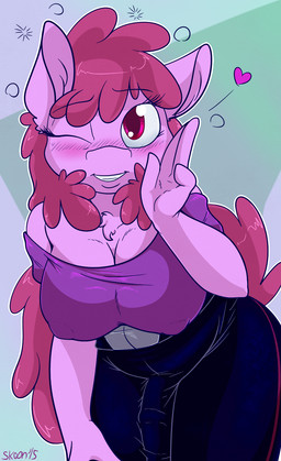 anthro anthrofied big_breasts breasts bulge chest_tuft clothed clothing crossgender detailed_bulge drunk ftg_crossgender fti_crossgender fully_clothed fur genital_outline gynomorph hair heart_symbol intersex looking_at_viewer nipple_outline one_eye_closed penis_outline pink_eyes purple_body purple_fur purple_hair smile solo substance_intoxication tail tuft wink conditional_dnp skoon friendship_is_magic hasbro my_little_pony berry_punch_(mlp) earth_pony equid equine horse mammal pony 2015 digital_media_(artwork) hi_res